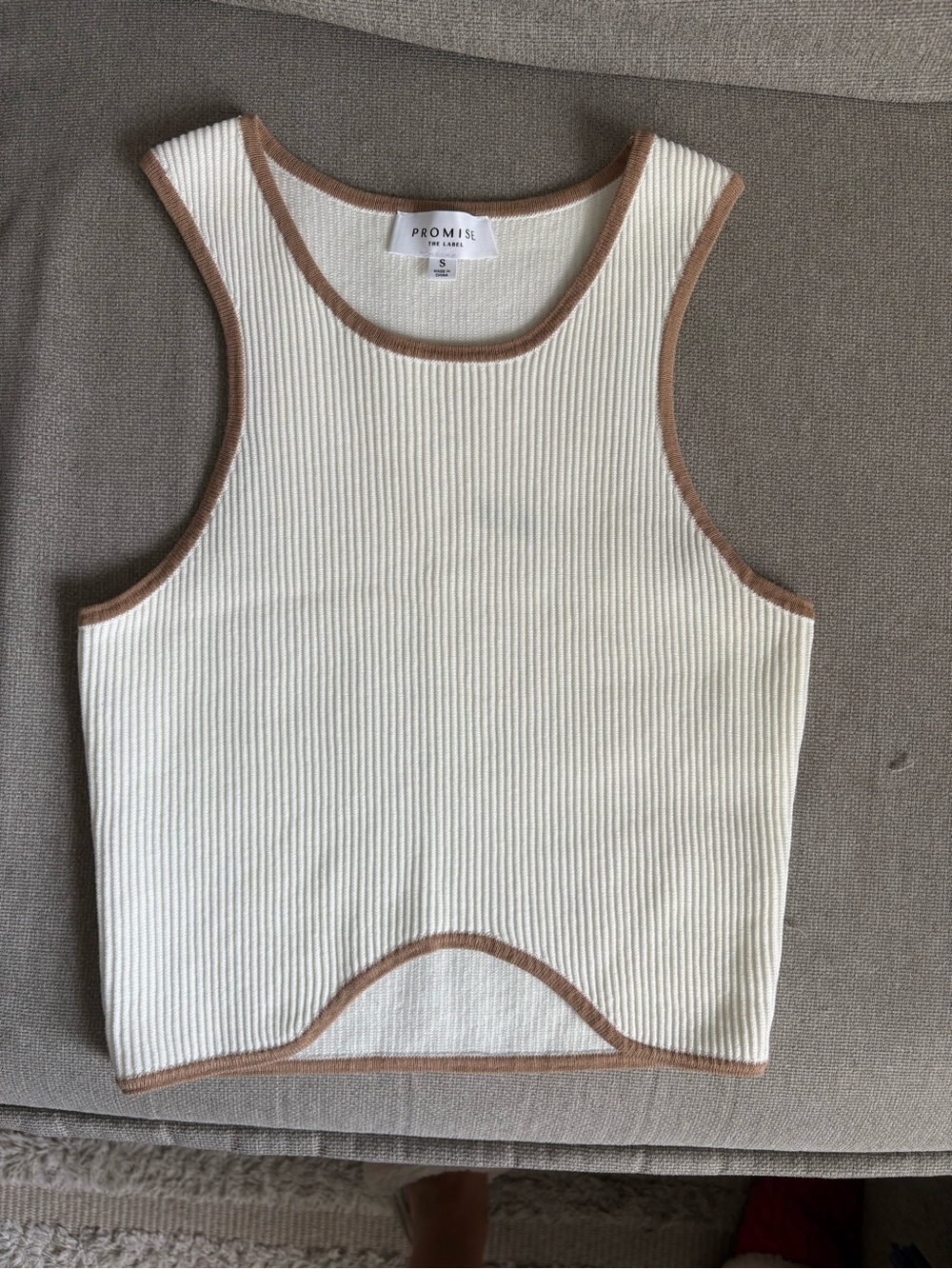Cream Ribbed Tank with brown Trim